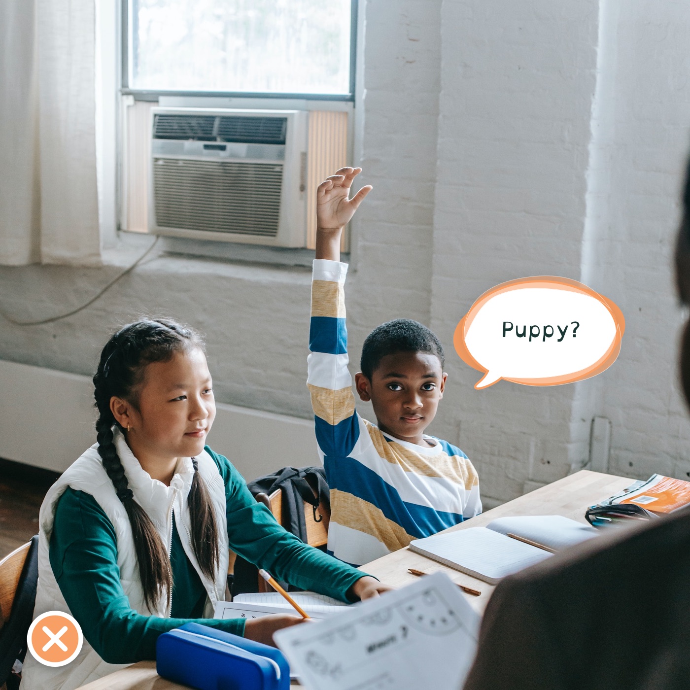 student raising their hand with the wrong answer: Puppy?